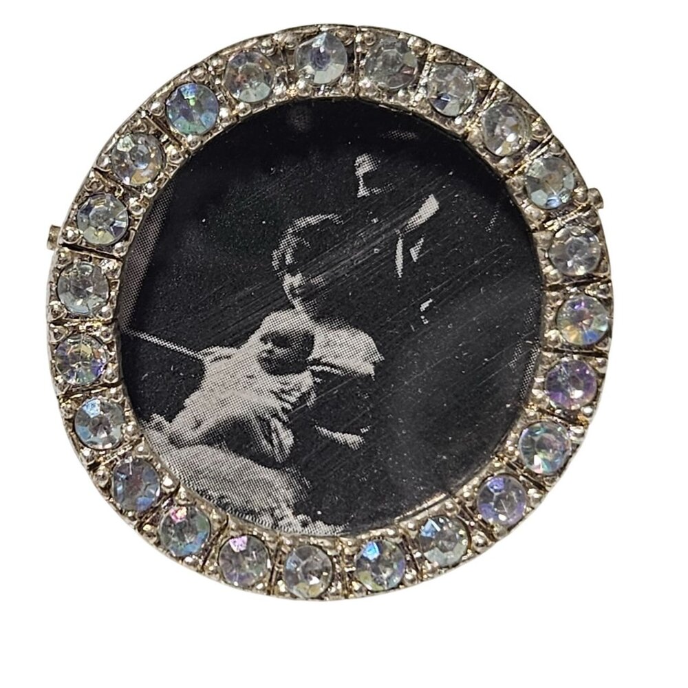 Vintage Crystal Rhinestone Round Brooch Black White Photo Fashion Jewelry Women